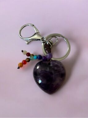 Purple Amethyst Heart Keychain with Multicolor Bead Accent